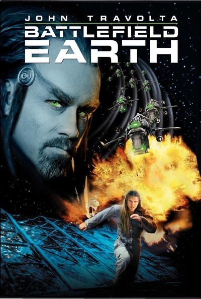 THE POSTER FOR BATTLEFIELD EARTH, WITH A ALIEN JOHN TRAVOLTA & SUM1 RUNNING FROM A EXPLOSION