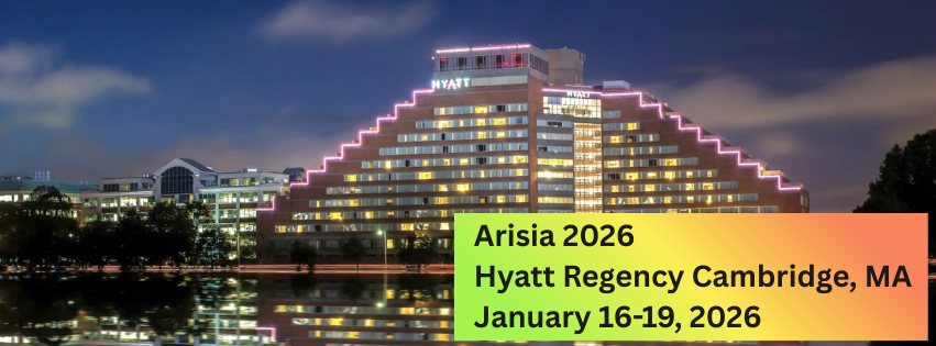 A HOTEL ALONG THE CHARLES RIVER THAT KIND OF RESEMBLES A ZIGURRAT. TEXT READS "ARISIA 2026, HYATT REGENCY CAMBRIDGE, MA JANUARY 16-19, 2026"