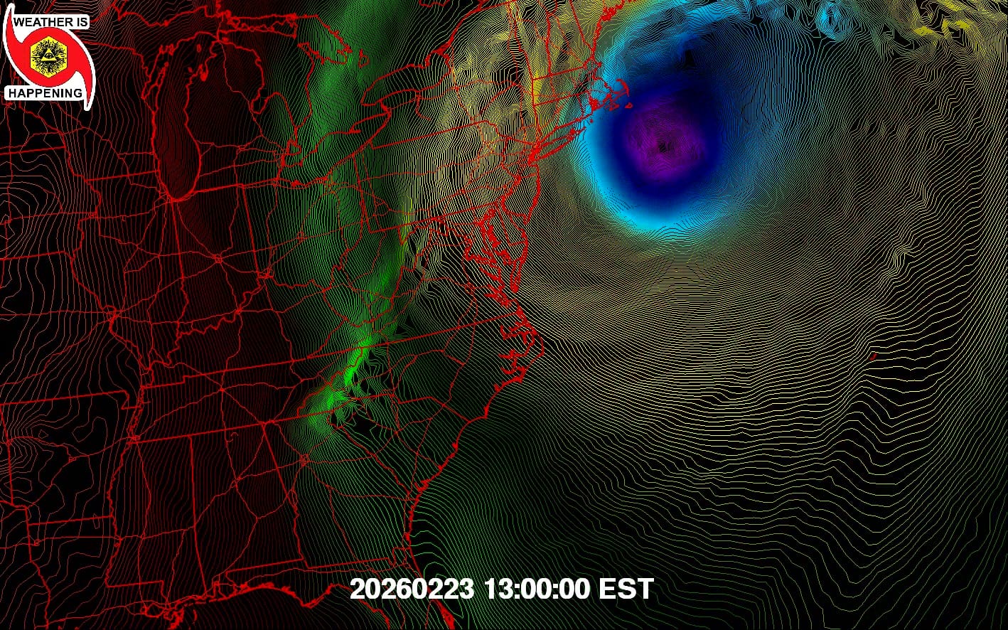 A MEAN SURFACE LEVEL PRESSURE GRADIENT MAP SHOWING BOMBOGENESIS OFF THE COAST OF SOUTHERN NEW ENGLAND