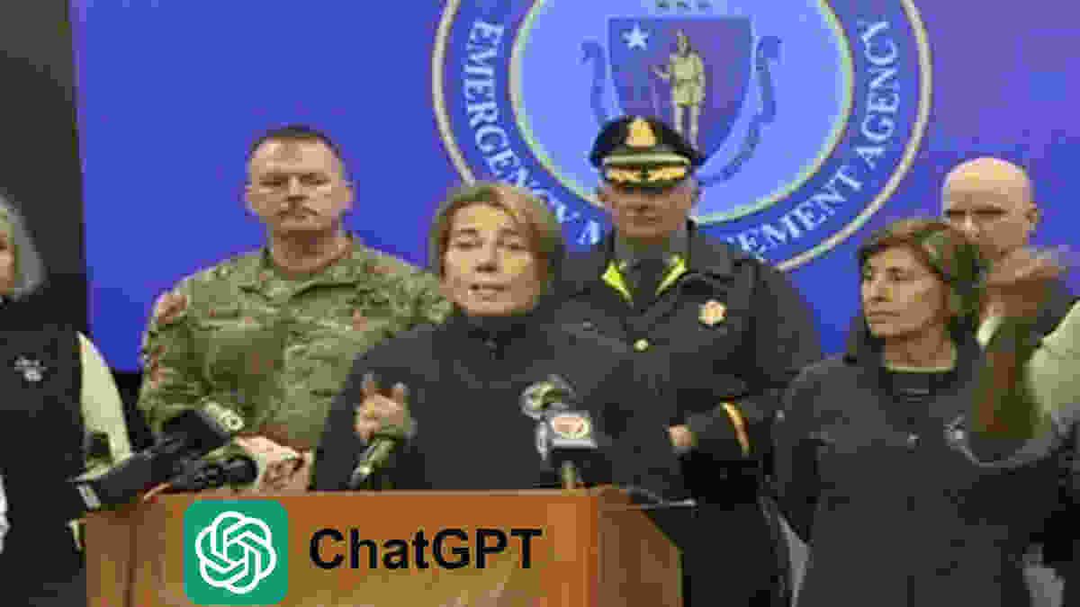 A PIXELATED PRESS CONFERENCE W/ MASSACHUSETTS GOVERNOR HEALEY @ A PODIUM THAT HAS THE CHATGPT LOGO ON IT