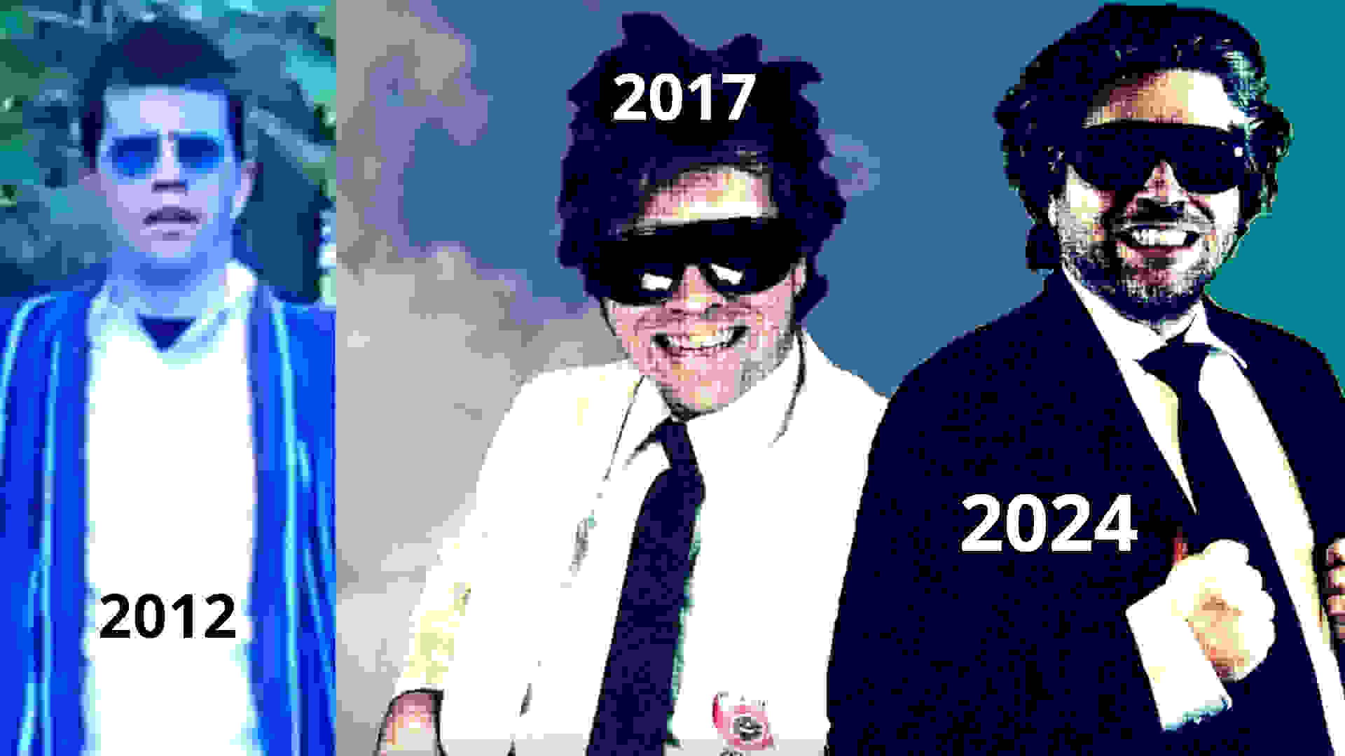 3 PHOTOS OF THE WEATEHR MAN FROM DIFFERENT PERIODS, 1ST IS FROM 2012, 2ND FROM 2017, 3RD FROM 2024