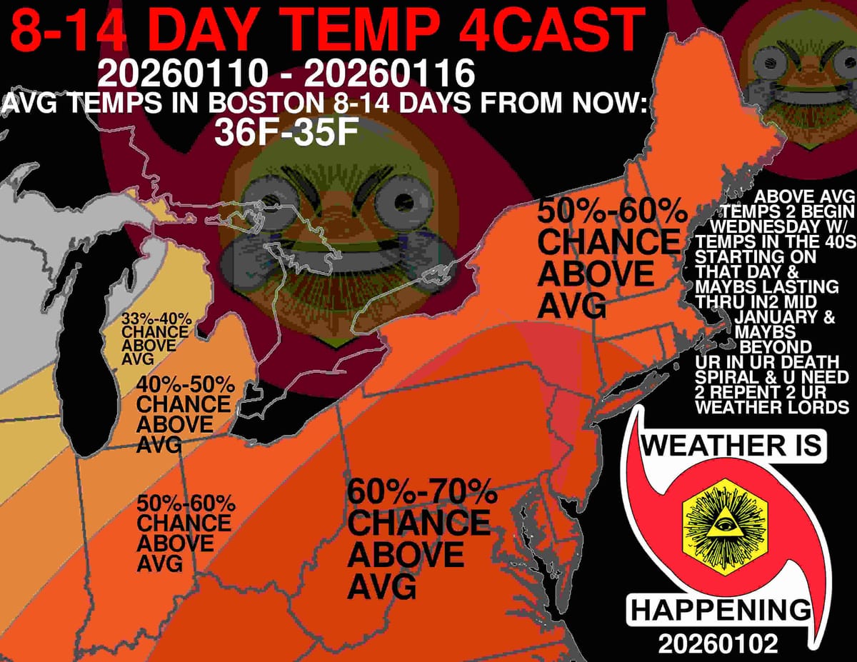 8-14 DAY TEMP 4CAST 20260110 - 20260116 AVG TEMPS IN BOSTON 8-14 DAYS FROM NOW: 36F - 35F  MAP SHOWS THE NORHTEAST SHADED VARIOUS COLORS OF ORANGE