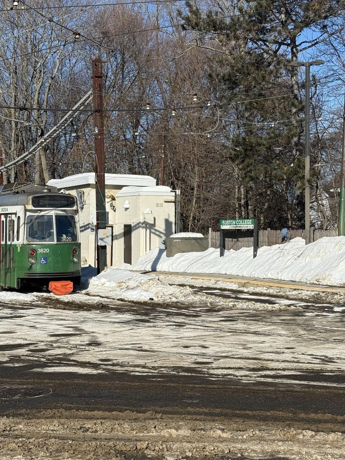 A SNOWY SCENE OF THE BOSTON COLLEGE GREEN LINE MBTA STOP