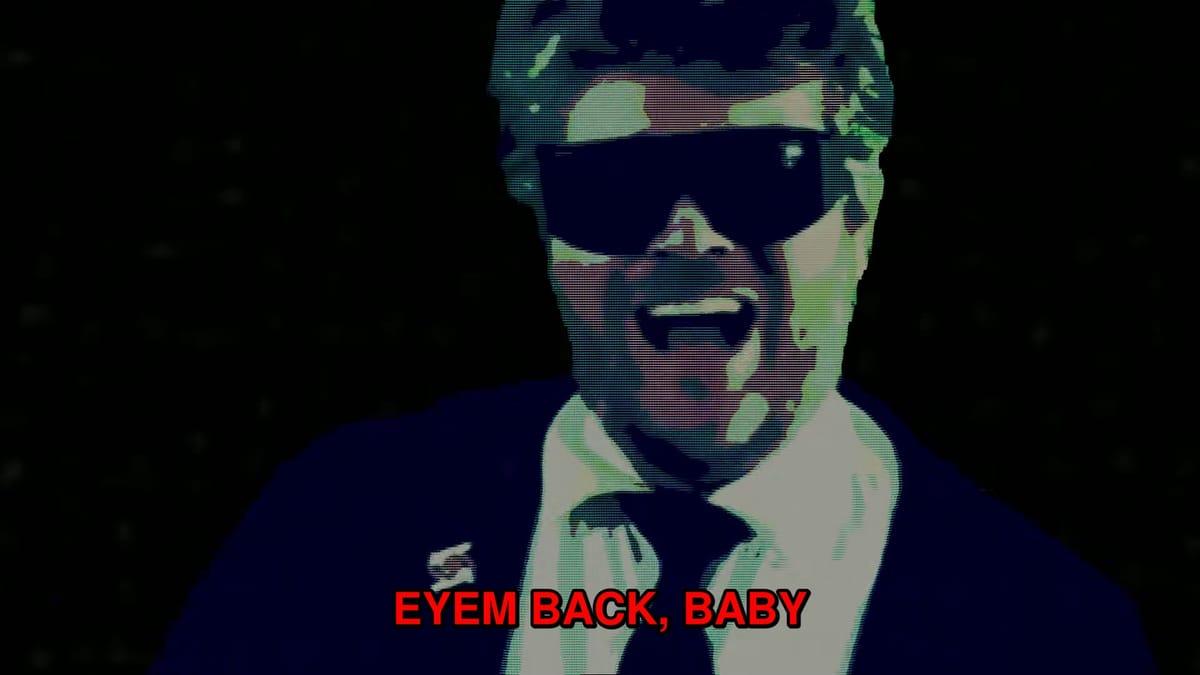 THE WEATHER MAN SMILING WIDELY W/ A CAPTION THAT READS "EYEM BACK, BABY"