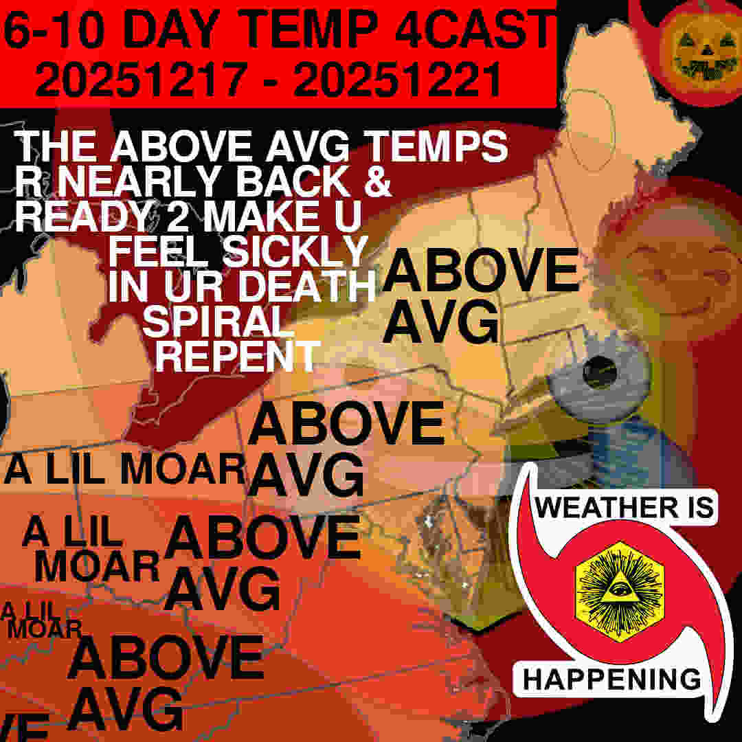 A MAP OF THE NORTHEASTERN UNITED STATES EMPIRE SHADED VARIOUS ORANGES SIGNIFYING ABOVE AVERAGE TEMPS. 