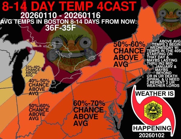 8-14 DAY TEMP 4CAST 20260110 - 20260116 AVG TEMPS IN BOSTON 8-14 DAYS FROM NOW: 36F - 35F  MAP SHOWS THE NORHTEAST SHADED VARIOUS COLORS OF ORANGE